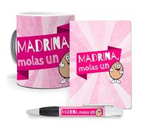 Pack Original y Personalizado Madrinas Madrina molas un Huevo. Libreta, boligrafo y Taza Maxima Calidad.
