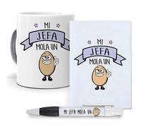 Pack Original y Personalizado para Regalo, con Expresiones y Frases graciosas. Mi jefa Mola un Huevo. Libreta, boligrafo y Taza Maxima Calidad.