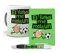 Pack Original y Personalizado para Regalo, Ideal para Hobby. El Futbol me Mola un Huevo. Libreta, boligrafo y Taza Maxima Calidad.
