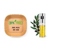 Pack Papel freidora aire 100 unidades Food-Grade BPA free de 20-24 cm + Pulverizador Aceite Spray Premium para Cocina 100ml de vidrio y acero inoxidable