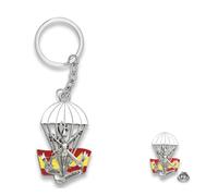Pack Pin y Llavero Paracaidistas legionarios españoles | Emblema con Cristo de la Buena Muerte, Trabuco, Alabarda, Ballesta, Paracaídas y Bandera de España | Zamak Cromado con Esmalte a Color