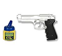 Pack Pistola airsoft M92F metálica, color plata. Calibre 6mm. + Funda portabalines + Biberon 1000 bolas. 23054/21993