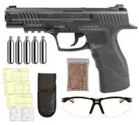 Pack Pistola Daisy 415 P415 CO2 Cal. 4.5mm de 3,5 Julios de Potencia con Funda, Balines de Acero, Bombonas CO2, Gafas de protección + Tarjeta de Armas