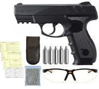 Pack Pistola perdigon Gamo GP-20 Combat. Calibre 4,5mm 3,5 Julio + Gafas Protectoras + Tarjeta de Armas + Funda + balines + Bombonas CO2