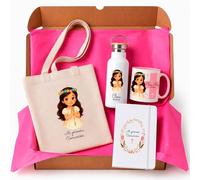 Pack Primera Comunión Niña Personalizado con Nombre y Fecha, Botella Térmica, Taza personalizada, Bolsa y Libreta A5 a conjunto, regalo comuniónes niñas. (PRINCESA COMUNIÓN)