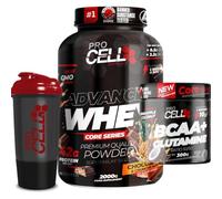 PACK Procell Proteinas Whey Advanced 2Kg (Chocolate & Crunchy Bar) + BCAA & Glutamina 300gr + Shaker "REGALO" Gana masa muscular, Fuerza, Resistencia, Tonificacion muscular, Recuperacion