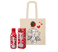 Pack regalo Botella Térmica + Bolsa Tote Cádiz - Botella María Blanco Fondo Rojo + Bolsa María Blanco - regalo original flamenco - diseño illustrArte