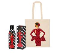 Pack regalo Botella Térmica + Bolsa Tote Cádiz - Botella María Rojo + Bolsa María Rojo - regalo original flamenco - diseño illustrArte