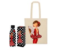Pack regalo Botella Térmica + Bolsa Tote Cádiz - Botella Pepa + Bolsa Pepa - regalo original flamenco - diseño illustrArte