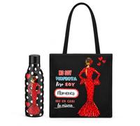 Pack regalo Botella Térmica Flamenca María Rojo 500 ml + Bolso Tote Málaga “No soy perfecta” - fondo negro con lunares - illustrArte