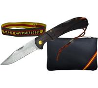 Pack Regalo Navaja Plegable Albainox 8,5 cm | Acero 3CR13MOV Decorada Láser, Back Lock, Mango Madera Wengué con Cuerda | Monedero de Piel con Cremallera | Pulsera Tela “Soy Cazador” (Madera Decorada)