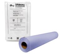 Pack Rollo Papel Camilla Crepado Lila 59 cm x 70 metros + 10 Sábanas para Camilla Desechable Ajustable 80x210 cm