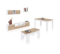 Pack salón con mesa de centro y mesa de comedor kenzo max v2b blanco brillo - roble canadian 200 x 46 x 41 cm