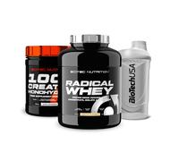 Pack Scitec Radical Whey Vainilla 2 kg + Creatina 300 g + BioTech Shaker 600 ml