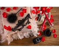 PACK SENSUAL EROTÍZAME (Antifaz + Esposas + Plumero + Aceite Masaje + Pétalos Rosas Preservados + Candelabros Cristal + Velas Largas Rojas)
