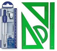 Pack/Set-Compás Escolar de Precisión 550 (Reemplazo) + Conjunto con: Escuadra, Cartabón, Regla y Semicírculo, Color Verde (60)