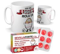 Pack Sevilla | Ser del Sevilla Mola un Huevo + Caramelos SevillaForte | Tazas de Desayuno | Idea de Regalo para Hinchas Sevillistas | Regalo de Taza de Fútbol | Cerámica de Calidad de 350ML