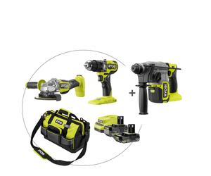 Pack Sin escobillas Taladro percutor + Martillo combinado 2.5J + Amoladora 125mm 18V ONE+™ (1x 4.0Ah y 1x 2.0Ah)