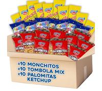 Pack Snacks Arroz Inflado Monchitos + Palomitas de Ketchup Pegui + Tómbola Mix - 10 Bolsas Arroz Inflado Sabor Jamón + 10 Bolsas Palomitas Sabor Ketchup + 10 Bolsas Tómbola Mix de Aperitivo de Maíz