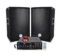 Pack Sono 600 W - Altavoces Bass Reflex de 3 vías de 8 pulgadas, 2 x 300 W, amplifictor de 100 W, USB MP3 SD, Bluetooth, PC, entradas de micrófono, cables incluidos