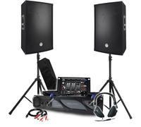 Pack Sono BM Bmsonic Amplificador 3000 W, par de altavoces pasivos 2 x 700 W, mesa de mezcla, pies, auriculares DJ, cables y micrófono