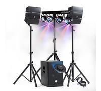 Pack Sono DJ 1000 W completo BM Bmsonic altavoces + SUB 31 cm USB/Bluetooth, cables, pórtico de iluminación LED, UFO, bar sala de fiestas