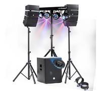 Pack Sono DJ 1200 W completo BM Bmsonic Altavoces + SUB 38 cm USB/Bluetooth, cables, pórtico de iluminación LED, UFO, Bar Salón de fiestas