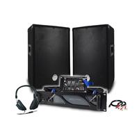 Pack Sono DJ BM Bmsonic Amplificador 1000 W, par de altavoces pasivos 2 x 400 W, mesa de mezcla, auriculares, cables y micro+llave 32 G