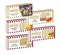 Pack Surtido 5 Turrones Lacasa:Arroz con Leche, Chocolate Blanco con Tequi Mango, Chocolate y Piña, Nata y Fresa,Cacahuete Eagle