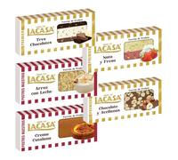 Pack Surtido 5 Turrones Lacasa:Arroz con Leche, Chocolate y Avellanas, Crema Catalana, Nata y Fresa, Tres Chocolates