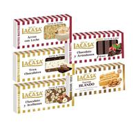 Pack Surtido 5 Turrones Lacasa:Blando, Arroz con Leche, Chocolate y Arándanos, Cacao y Avellanas, Tres Chocolates