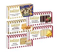 Pack Surtido 5 Turrones Lacasa:Blando, Arroz con Leche, Chocolate y Arándanos, Chocolate y Piña,Cacahuete Eagle
