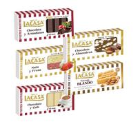 Pack Surtido 5 Turrones Lacasa:Blando, Cacao y Almendras, Chocolate y Arándanos, Chocolate y Café, Nata y Fresa