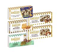 Pack Surtido 5 Turrones Lacasa:Blando, Cacao y Almendras, Chocolate y Avellanas, Chocolate estilo Dubai con Pistacho y Kataifi,Cacahuete Eagle