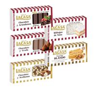 Pack Surtido 5 Turrones Lacasa:Blando, Chocolate y Arándanos, Chocolate y Avellanas, Cacao y Trufa, Milhojas de Nata