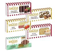 Pack Surtido 5 Turrones Lacasa:Cacao y Almendras, Arroz con Leche, Chocolate y Arándanos, Nata y Fresa, Chocolate estilo Dubai con Pistacho y Kataifi