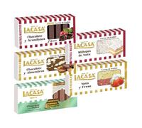 Pack Surtido 5 Turrones Lacasa:Cacao y Almendras,Chocolate y Arándanos,Milhojas de Nata,Nata y Fresa,Chocolate estilo Dubai con Pistacho y Kataifi