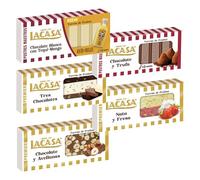 Pack Surtido 5 Turrones Lacasa:Chocolate Blanco con Tequi Mango, Cacao y Avellanas, Cacao y Trufa, Nata y Fresa, Tres Chocolates