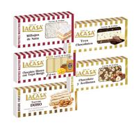 Pack Surtido 5 Turrones Lacasa:Chocolate Blanco con Tequi Mango, Cacao y Avellanas, Milhojas de Nata, Tres Chocolates, Duro