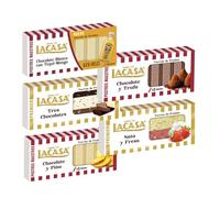 Pack Surtido 5 Turrones Lacasa:Chocolate Blanco con Tequi Mango, Cacao y Piña, Cacao y Trufa, Nata y Fresa, Tres Chocolates