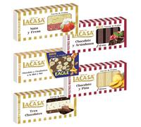 Pack Surtido 5 Turrones Lacasa:Chocolate y Arándanos, Cacao y Piña, Nata y Fresa, Tres Chocolates,Cacahuete Eagle