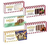 Pack Surtido 5 Turrones Lacasa:Chocolate y Arándanos, Cacao y Trufa, Milhojas de Nata, Chocolate estilo Dubai con Pistacho y Kataifi,Cacahuete Eagle