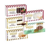 Pack Surtido 5 Turrones Lacasa:Chocolate y Arándanos, Milhojas de Nata, Tres Chocolates, Duro,Estilo Dubai con Pistacho y Kataifi