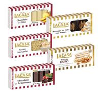 Pack Surtido 5 Turrones Lacasa:Mazapán de Nata con Nueces, Arroz con Leche, Chocolate y Arándanos, Chocolate y Piña, Duro