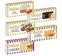 Pack Surtido 5 Turrones Lacasa:Mazapán de Nata con Nueces, Blando, Chocolate y Almendras, Chocolate Blanco con Tequi Mango, Nata y Fresa