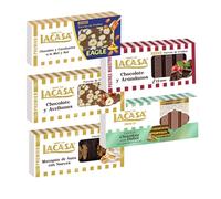Pack Surtido 5 Turrones Lacasa:Mazapán de Nata con Nueces,Chocolate y Arándanos,Cacao y Avellanas,Chocolate estilo Dubai,Cacahuete Eagle