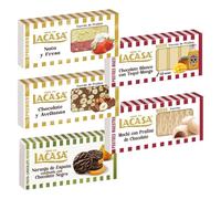 Pack Surtido 5 Turrones Lacasa:Naranja de España Confitada,Blanco con Tequi Mango, Chocolate y Avellanas, Nata y Fresa,Mochi con Praliné de Chocolate