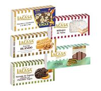 Pack Surtido 5 Turrones Lacasa:Naranja de España Confitada,Blando,Milhojas de Nata,Chocolate estilo Dubai con Pistacho y Kataifi,Cacahuete Eagle