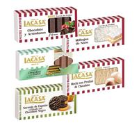 Pack Surtido 5 Turrones Lacasa:Naranja de España Confitada, Chocolate y Arándanos, Milhojas de Nata, Mochi con Praliné de Chocolate, Estilo Dubai
