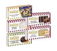 Pack Surtido 5 Turrones Lacasa:Naranja de España Confitada con Chocolate Negro,Arroz con Leche,Chocolate y Arándanos,Milhojas de Nata,Cacahuete Eagle